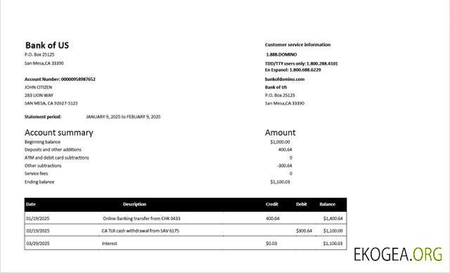 Modèle Word et PDF de relevé de compte de la USA Bank of US